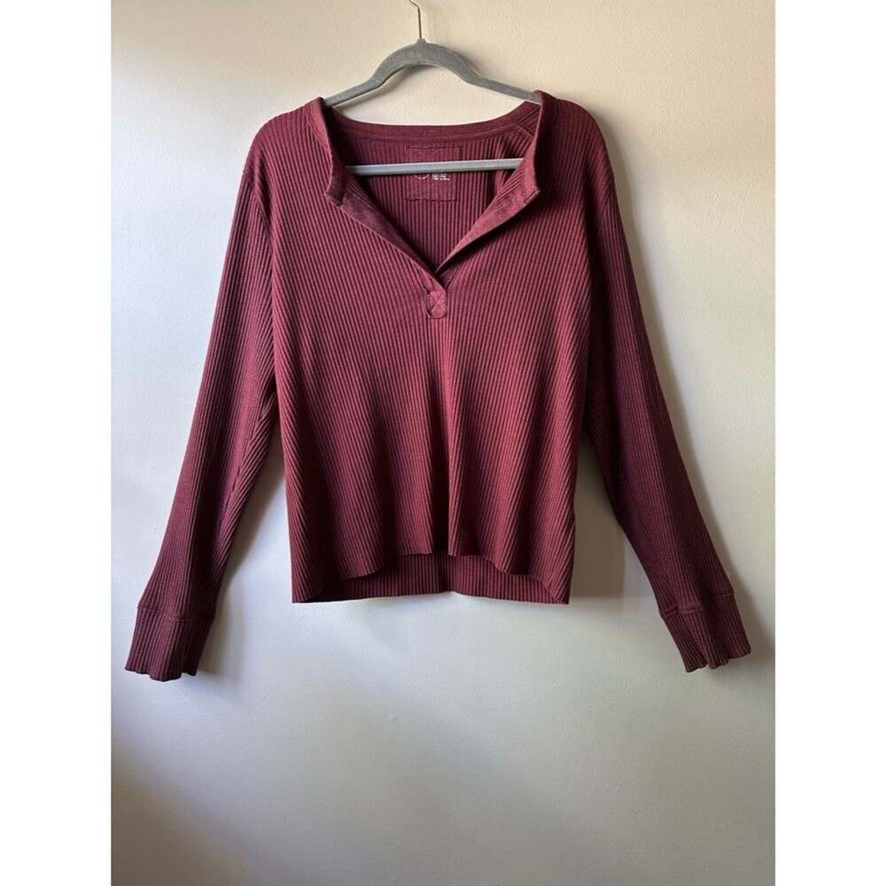 Aerie Ribbed Long Sleeve Henley T-Shirt Top Wine Burgundy Sz XXL Lounge Relaxed